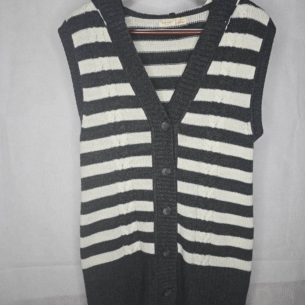 Old Navy Hooded Sweater Vest Gray White Stripe Sleeveless Y2K Preppy University